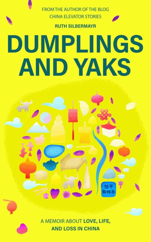 Bright yellow book cover for 'Dumplings and Yaks' by Ruth Silbermayr with bold teal title and colorful decorative shapes at the bottom, on a bright background.